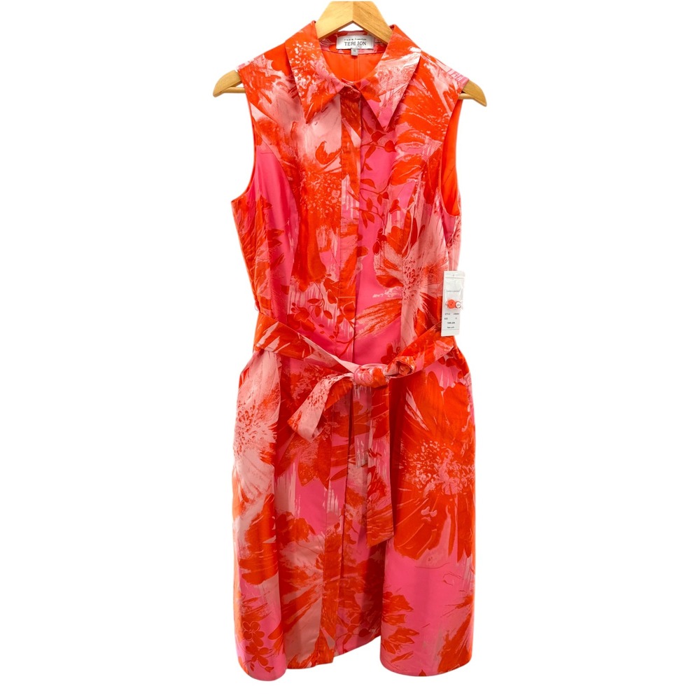 Teri Jon Rickie Freeman Orange Pink Floral Jacquard Shirt Dress Belted NWT 10 - Picture 2 of 7